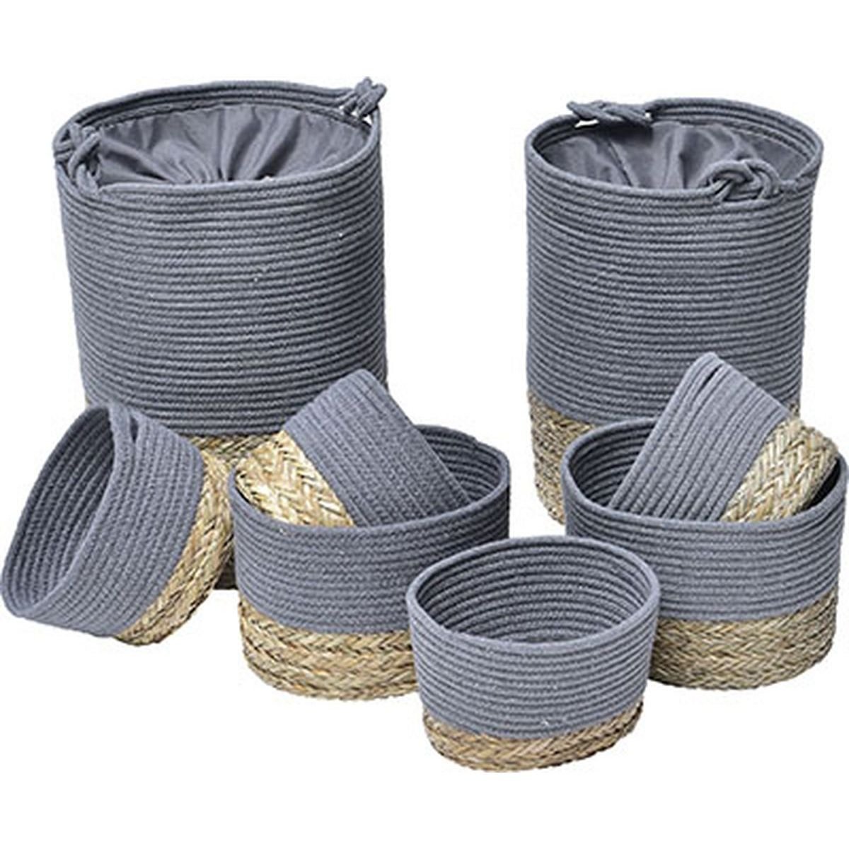 9909 Σέτ 8 τεμάχια καλάθια απλύρων βαμβάκι με γρασίδι θάλασσας σκούρο γκρί φυσικό. - Image 1