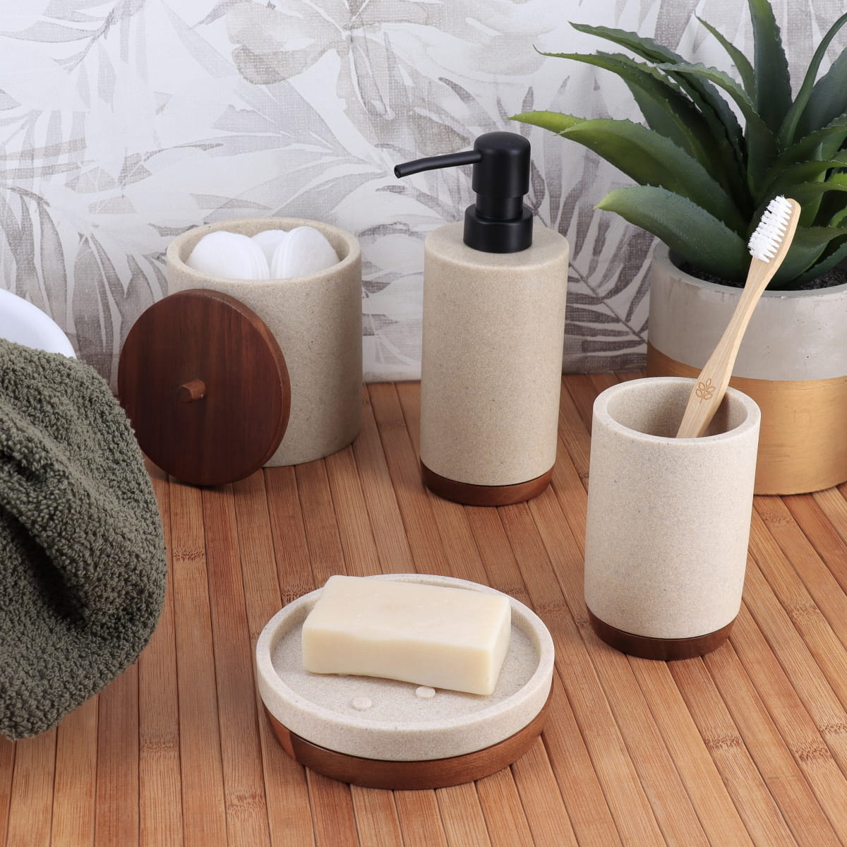 6375-1 Σετ 4 τεμάχια ντισπένσερ – θήκη οδ/ρτσας – σαπουνοθήκη βαμβακοθήκη polyresin - Image 1
