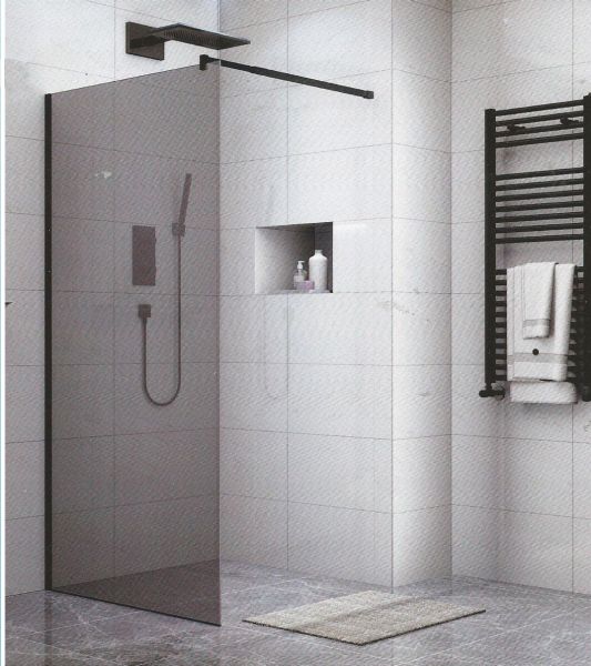 90-1602 PANEL ΤΖΑΜΙ GREY 90*195h/8mm ME ΜΠΡΑΤΣΟ ΜΑΥΡΟ 70-120cm - Image 1