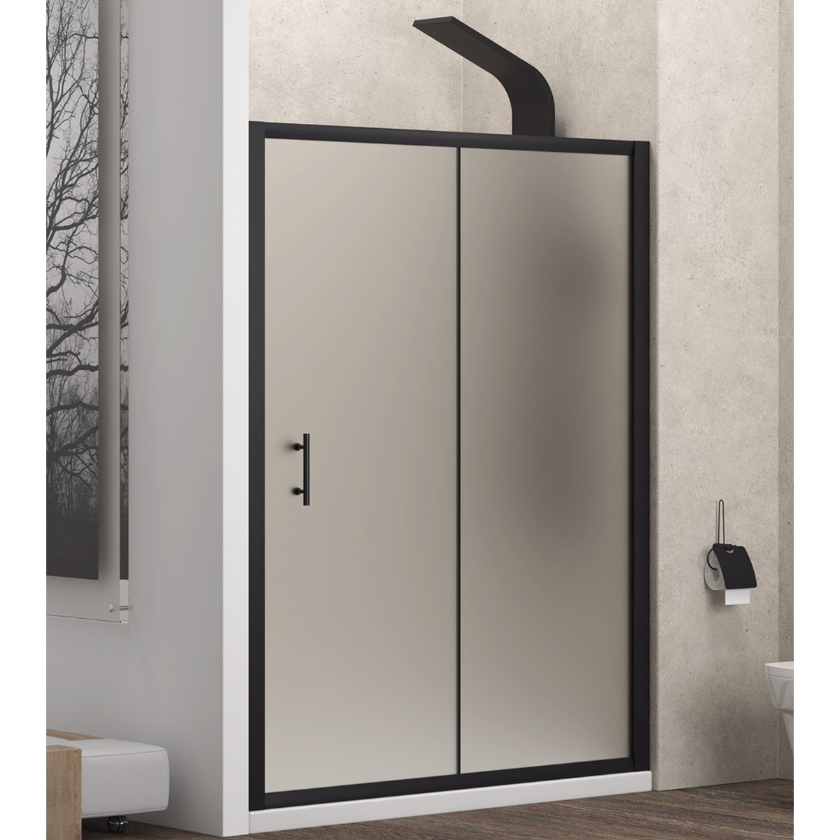 FLO500100SNE Καμπίνα από τοίχο σε τοίχο με σατινέ κρύσταλλο FLORA 500 Μαύρη KARAG 100x190cm - Image 1