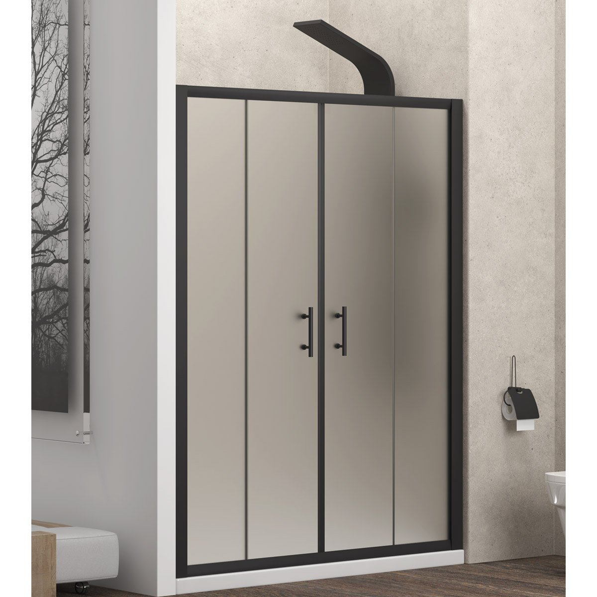 FLO600200SNE Καμπίνα από τοίχο σε τοίχο με σατινέ κρύσταλλο FLORA 600 Μαύρη KARAG 200x190cm - Image 1
