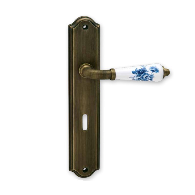 PomPortas025 Πόμολο Πόρτας Πλάκα Viometale Μπρονζέ - Πορσελάνη με Μπλέ Λουλούδι - Image 1