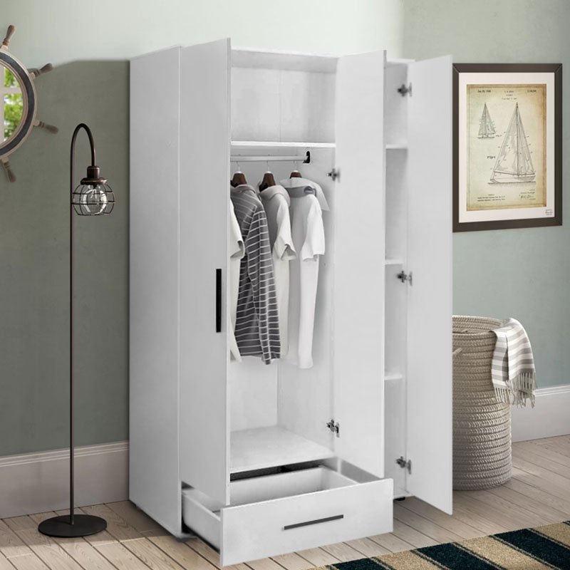 GP009-02461-1 Ντουλάπα ρούχων Bianco Megapap τρίφυλλη με συρτάρια χρώμα λευκό 103x52x187εκ. - Image 1