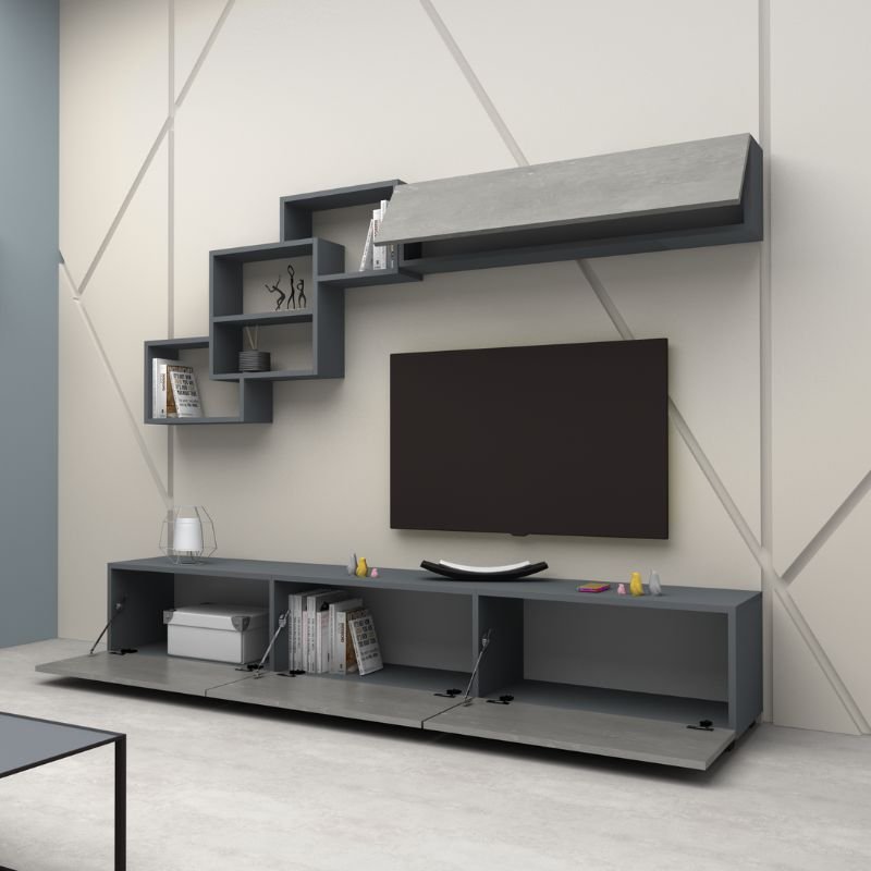 GP028-00262-1 Σύνθεση τηλεόρασης Free Megapap χρώμα ανθρακί - γκρι σκυροδέματος 210x35x38εκ. - Image 1