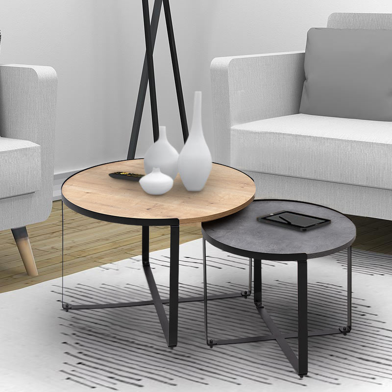 GP028-00721-1 Σετ τραπεζάκια σαλονιού Davis Megapap 2τμχ. χρώμα φυσικό οξιάς/γκρι σκυροδέματος 70x69x46εκ. - Image 1