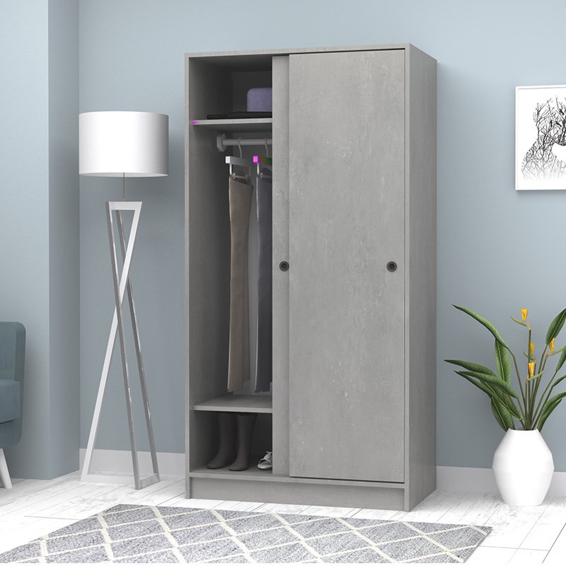 GP028-00943-1 Ντουλάπα ρούχων Misra Megapap δίφυλλη συρόμενη χρώμα γκρι σκυροδέματος 94x52x182εκ. - Image 1