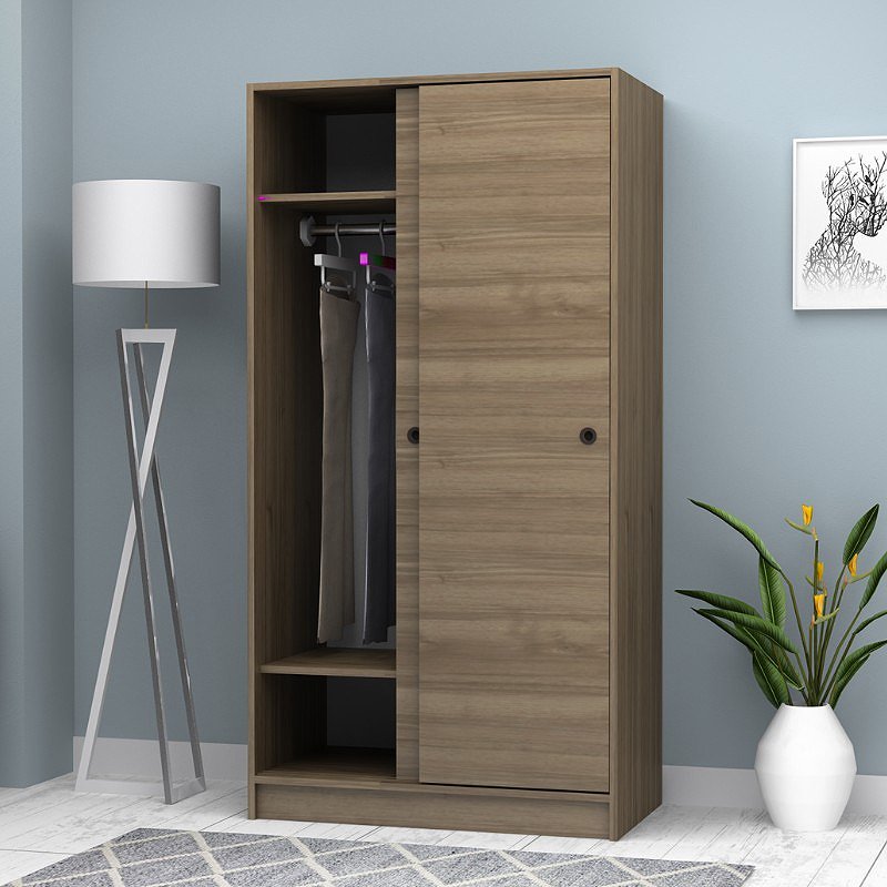 GP028-00944-1 Ντουλάπα ρούχων Misra Megapap δίφυλλη συρόμενη χρώμα καρυδί 94x52x182εκ. - Image 1