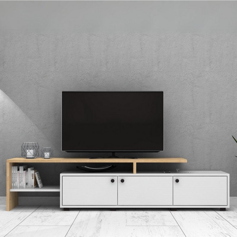 GP028-01061-1 Έπιπλο τηλεόρασης Amadeo Megapap χρώμα λευκό - φυσικό οξιάς 197,5x35x46cm. - Image 1