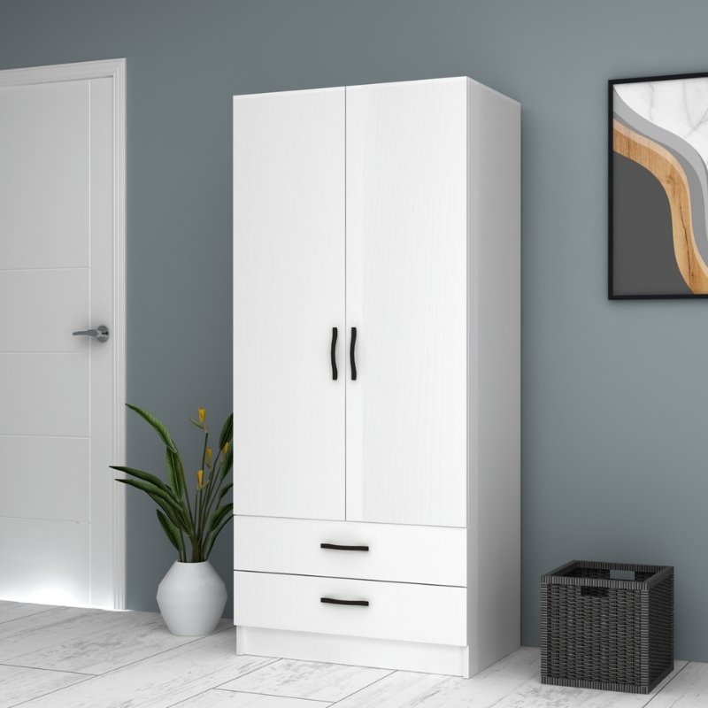 GP028-01091-1 Ντουλάπα ρούχων Ricardo Megapap δίφυλλη με συρτάρια χρώμα λευκό 80x51,8x181εκ. - Image 1