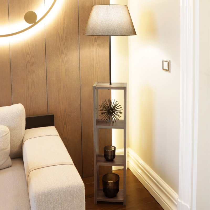 GP029-00881-1 Φωτιστικό δαπέδου Launo Megapap υφασμάτινο Pvc/MDF χρώμα μπεζ/καρυδί 38x38x150εκ. - Image 1