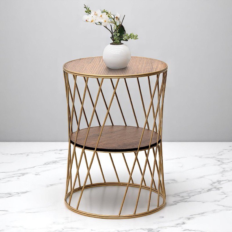 GP030-00373-1 Βοηθητικό τραπεζάκι Jaspin Megapap μεταλλικό - Mdf χρώμα χρυσό - καρυδί 32x32x44εκ. - Image 1