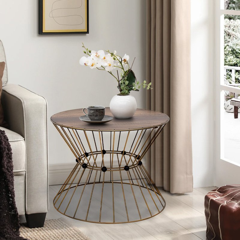 GP030-01421-1 Τραπεζάκι σαλονιού Girene Megapap μεταλλικό - Mdf χρώμα χρυσό - καρυδί Ø55x42εκ. - Image 1