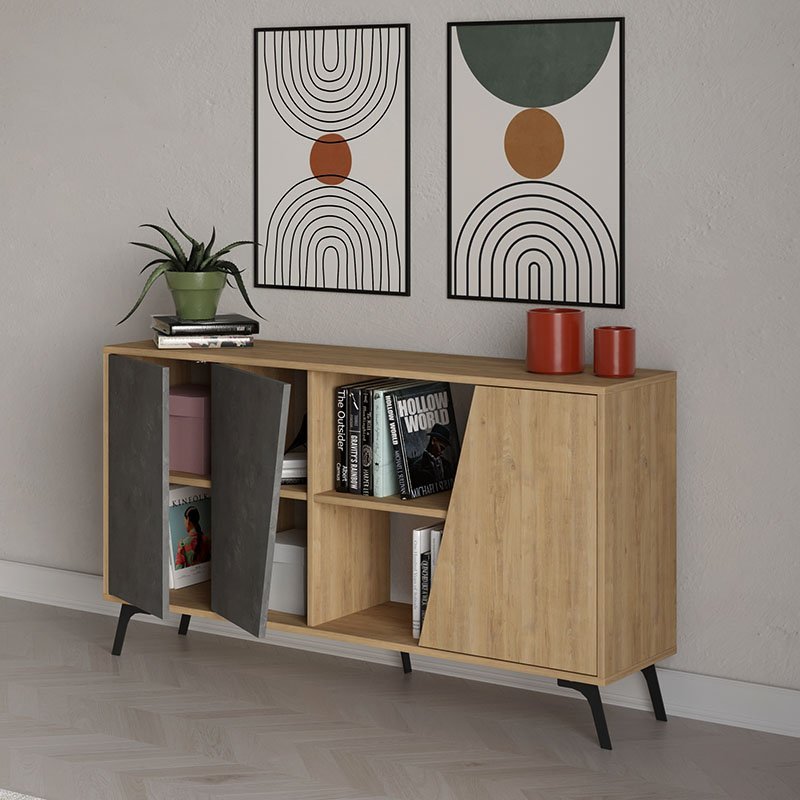 GP037-00732-1 Μπουφές Fiona Megapap χρώμα φυσικό οξιάς - γκρι ρετρό 150x35,6x82εκ. - Image 1