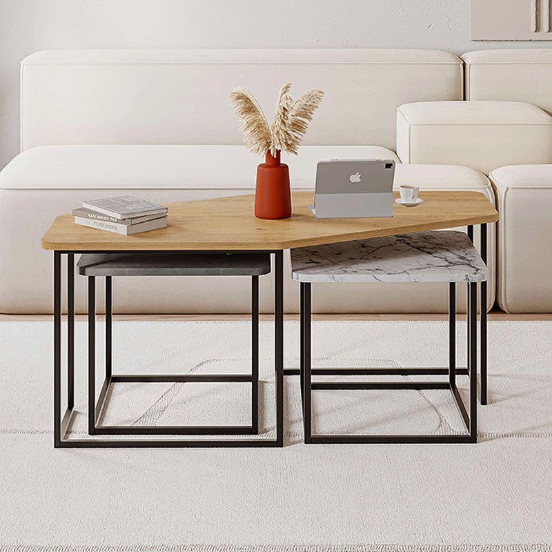 GP037-01951-1 Τραπεζάκι σαλονιού σετ 3 τμχ. Nesty Megapap χρώμα saphhire oak - γκρι ρετρό - λευκό εφέ μαρμάρου 110x60x48εκ. - Image 1