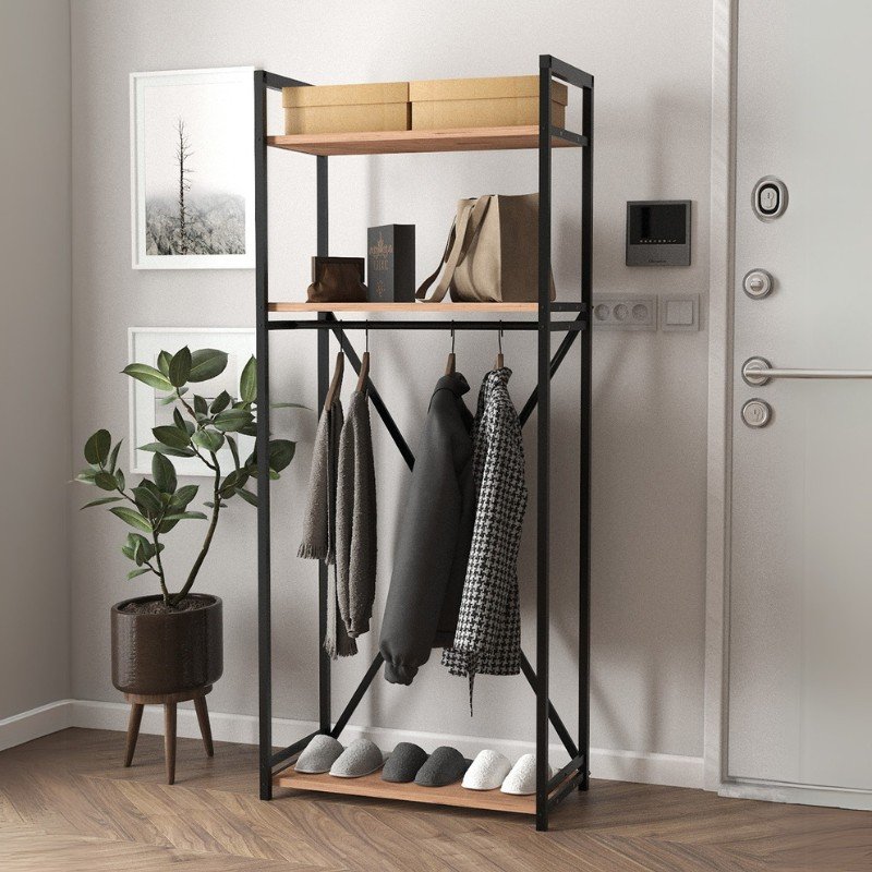 GP041-00272-1 Έπιπλο εισόδου - Κρεμάστρα Zula Megapap μεταλλική - μελαμίνης χρώμα μαύρο - pine oak 66x30x160εκ. - Image 1