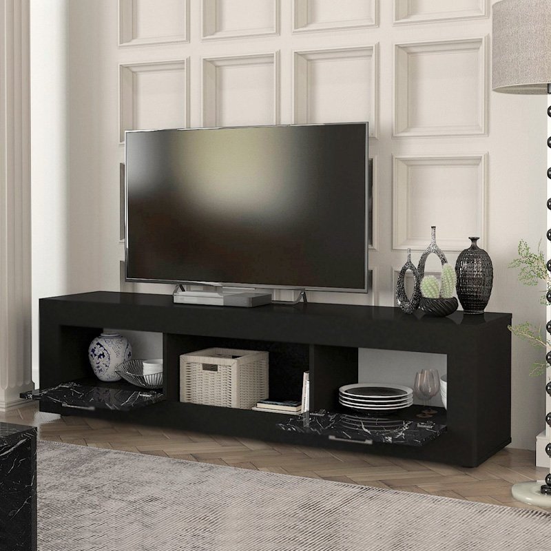 GP042-02441-1 Έπιπλο τηλεόρασης Davin Megapap χρώμα μαύρο - μαύρο εφέ μαρμάρου 180x40x47εκ. - Image 1