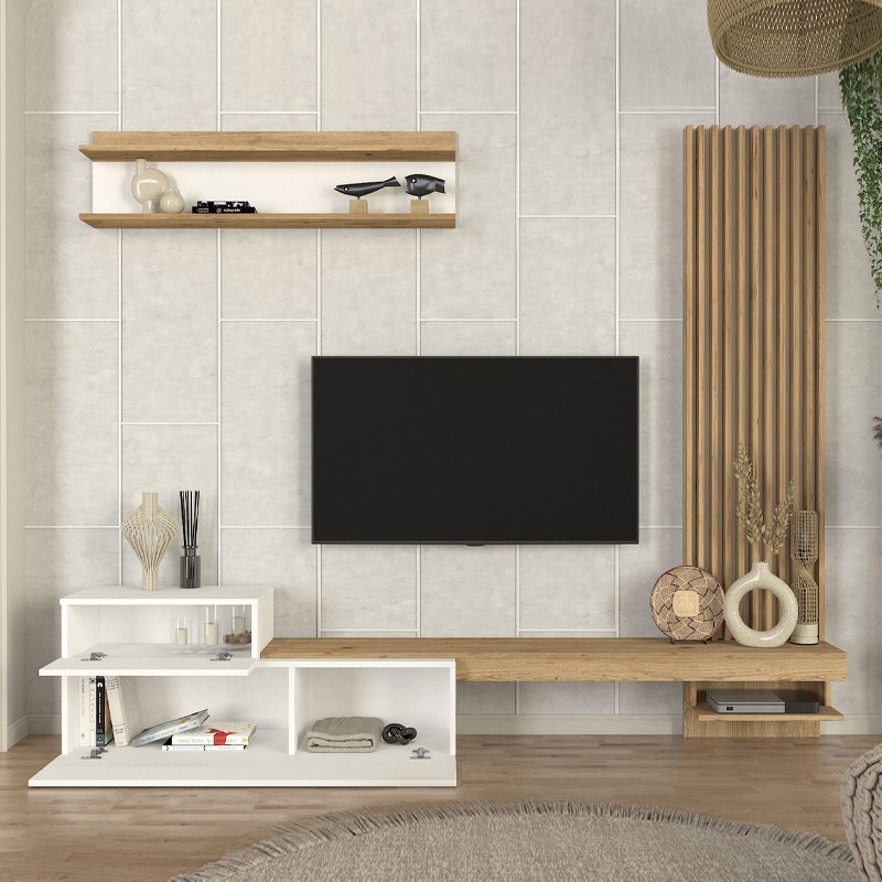 GP042-03221-1 Σύνθεση τηλεόρασης Dumont Megapap χρώμα λευκό - sepet oak 240x36,8x200εκ. - Image 1