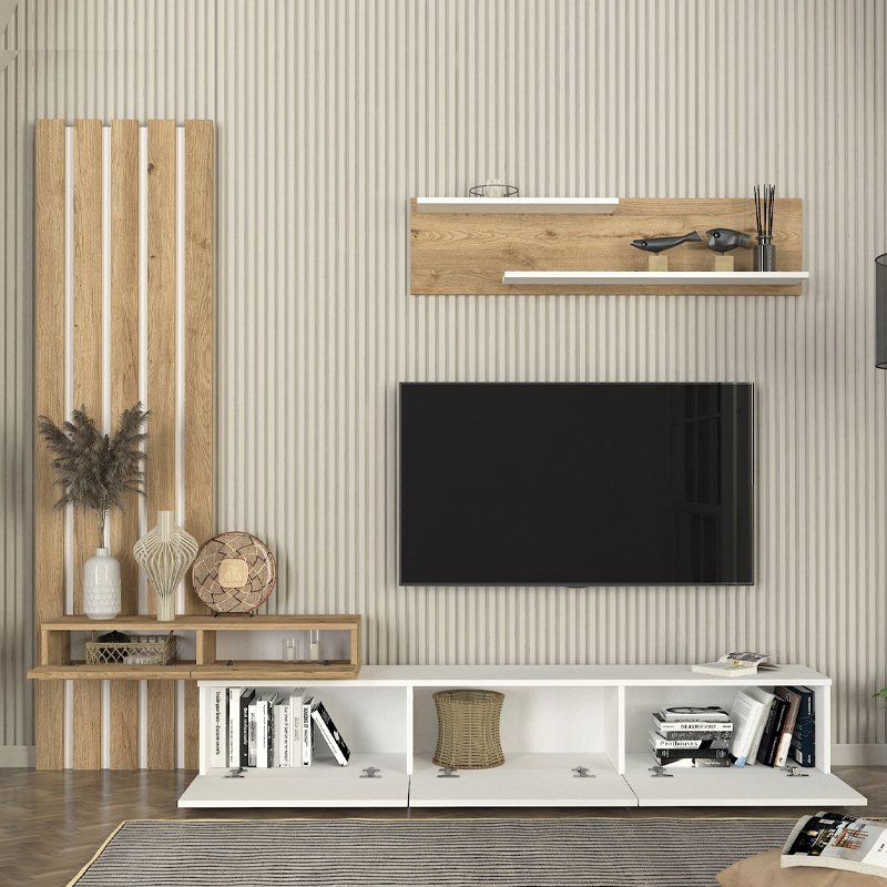 GP042-03241-1 Σύνθεση τηλεόρασης Rosaline Megapap χρώμα λευκό - sepet oak 233x31,3x196,8εκ. - Image 1