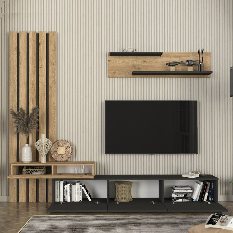 GP042-03242-1 Σύνθεση τηλεόρασης Rosaline Megapap χρώμα ανθρακί - sepet oak 233x31,3x196,8εκ. - Image 1