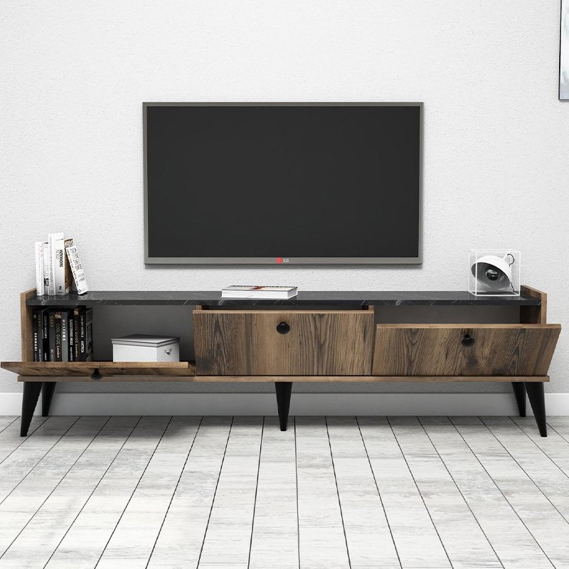 GP052-01161-1 Έπιπλο τηλεόρασης Lidya Megapap χρώμα καρυδί - μαύρο εφέ μαρμάρου 180x35x49εκ. - Image 1