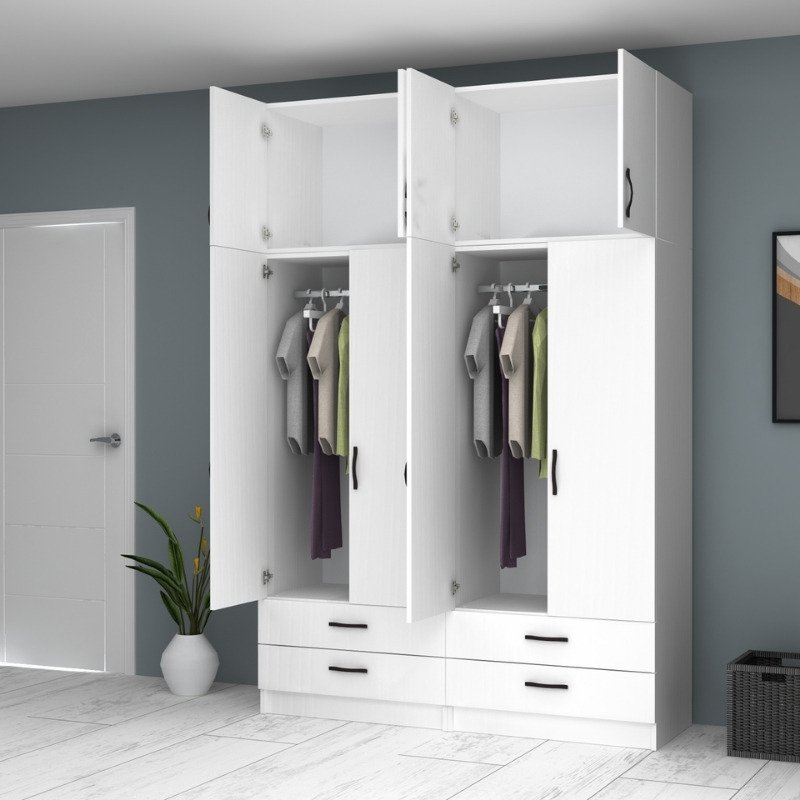 GP100-00651-1 Ντουλάπα ρούχων Ricardo Megapap τετράφυλλη με πατάρι και συρτάρια χρώμα λευκό 160x51,8x240εκ. - Image 1