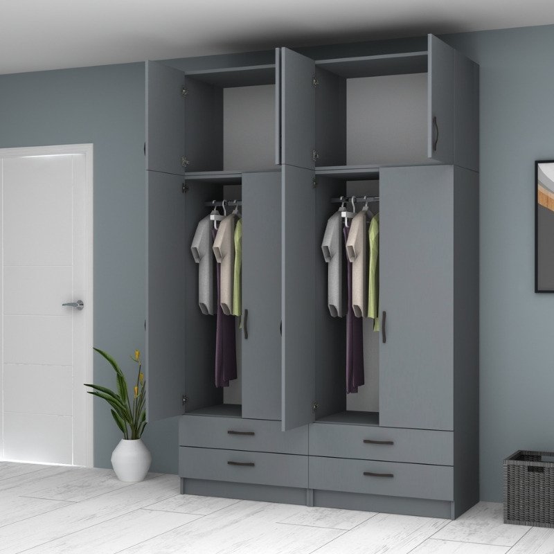 GP100-00654-1 Ντουλάπα ρούχων Ricardo Megapap τετράφυλλη με πατάρι και συρτάρια χρώμα ανθρακί 160x51,8x240εκ. - Image 1