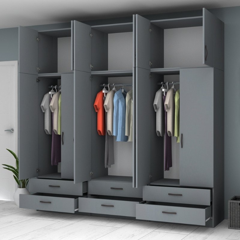 GP100-00674-1 Ντουλάπα ρούχων Ricardo Megapap εξάφυλλη με πατάρι και συρτάρια χρώμα ανθρακί 240x51,8x240εκ. - Image 1