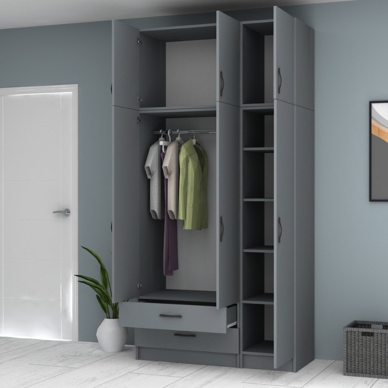 GP100-00694-1 Ντουλάπα ρούχων Ricardo Megapap τρίφυλλη με πατάρι και συρτάρια χρώμα ανθρακί 120x51,8x240εκ. - Image 1