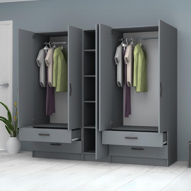 GP100-00724-1 Ντουλάπα ρούχων Ricardo Megapap πεντάφυλλη με συρτάρια χρώμα ανθρακί 200x51,8x181εκ. - Image 1