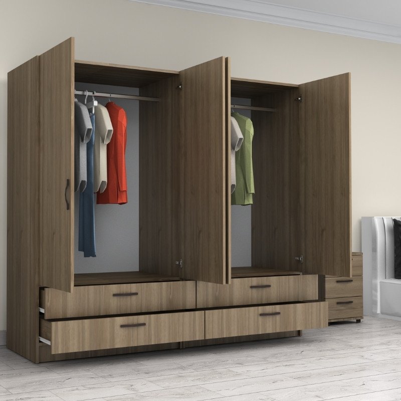 GP100-00873-1 Ντουλάπα ρούχων Victoria Megapap τετράφυλλη με συρτάρια χρώμα καρυδί 200x60x181εκ. - Image 1