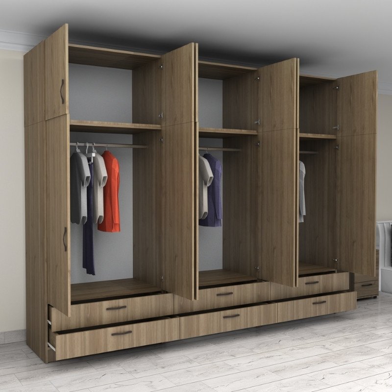 GP100-00983-1 Ντουλάπα ρούχων Victoria Megapap εξάφυλλη με πατάρι και συρτάρια χρώμα καρυδί 300x60x240εκ. - Image 1