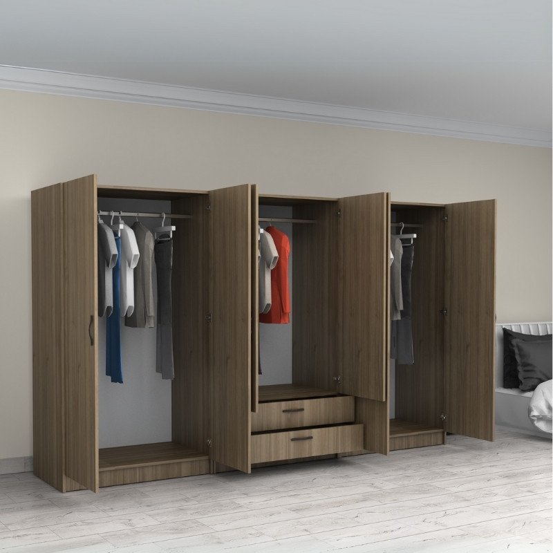 GP100-00993-1 Ντουλάπα ρούχων Victoria Megapap εξάφυλλη με συρτάρια χρώμα καρυδί 300x60x181εκ. - Image 1