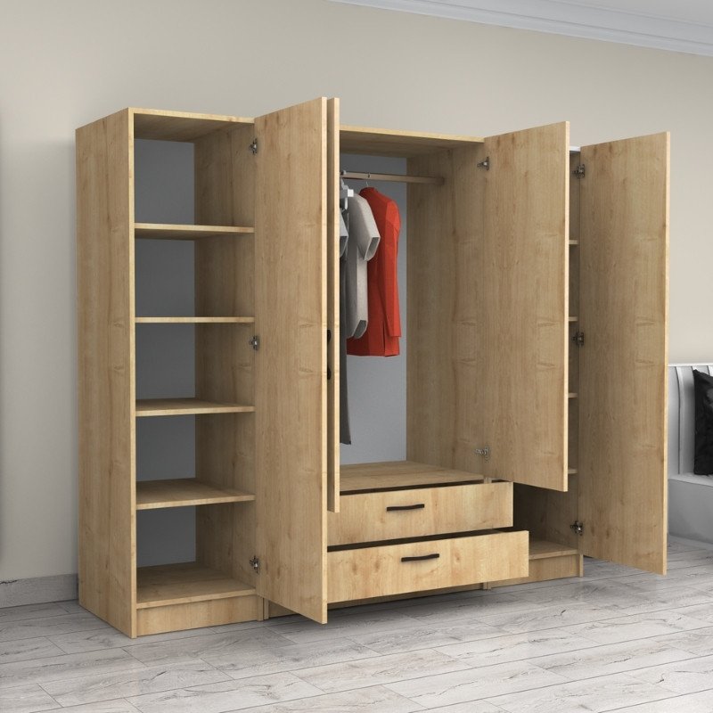 GP100-01032-1 Ντουλάπα ρούχων Victoria Megapap τετράφυλλη με συρτάρια χρώμα φυσικό οξιάς 200x60x181εκ. - Image 1