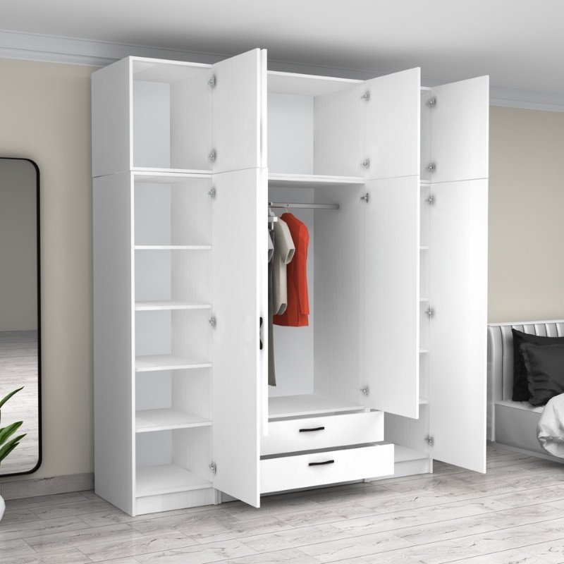 GP100-01041-1 Ντουλάπα ρούχων Victoria Megapap τετράφυλλη με πατάρι και συρτάρια χρώμα λευκό 200x60x240εκ. - Image 1