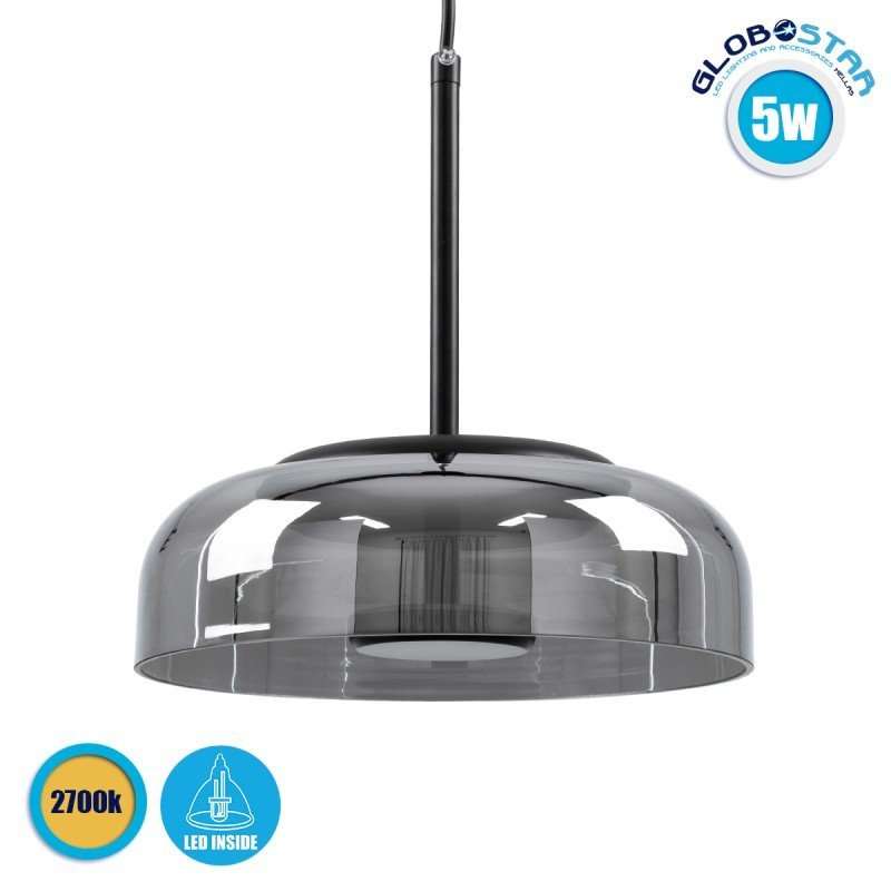 00743_01 GLOBOSTAR® CHARLOTTE 00743 Μοντέρνο Κρεμαστό Φωτιστικό Οροφής LED 5W 500lm 180° AC 220-240V IP20 Θερμό Λευκό 2700K - Sanan SMD Chip - Μαύρο & Μαύρο Φιμέ - Μ23 x Π23 x Υ23cm - 2 Xρόνια Εγγύηση - Image 1