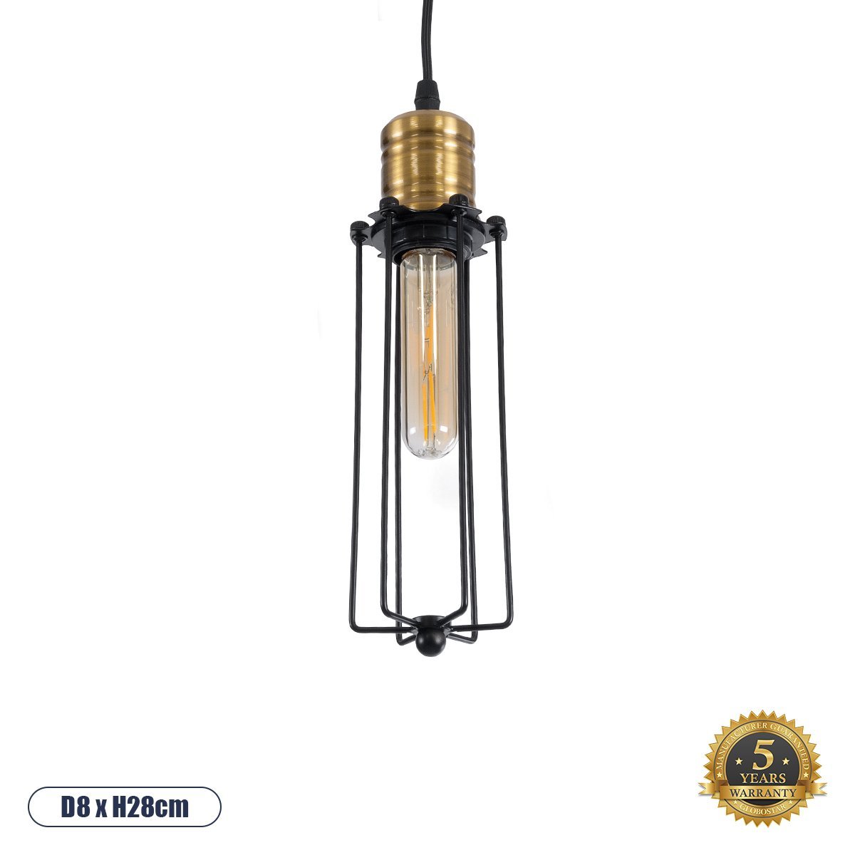 01057_0 GLOBOSTAR® KLECE 01057 Vintage Κρεμαστό Φωτιστικό Οροφής με Ντουί 1 x E27 AC 220-240V IP20 - Μαύρο & Χρυσό - Μ8 x Π8 x Υ28cm - Image 1