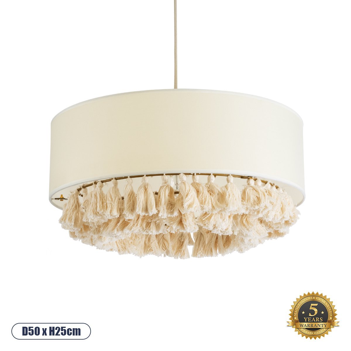 02100_0 GLOBOSTAR® GINGER 02100 Boho Κρεμαστό Φωτιστικό Οροφής με Ντουί 1 x E27 AC 220-240V IP20 - Μπεζ & Λευκό - Μ50 x Π50 x Υ25cm - Image 1