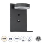 GLOBOSTAR® CROWN 61372 Μοντέρνο Φωτιστικό Τοίχου - Απλίκα Ξενοδοχείου Reading Light με Φορτιστή USB 3A LED 5W 550lm 120° AC 220-240V IP20 Φυσικό Λευκό 4500K - Bridgelux COB Chip & TÜV SÜD Driver - Γκρι Ανθρακί Ματ - Μ15 x Π15 x Υ23cm - 3 Χρόνια Εγγύηση - Image 2