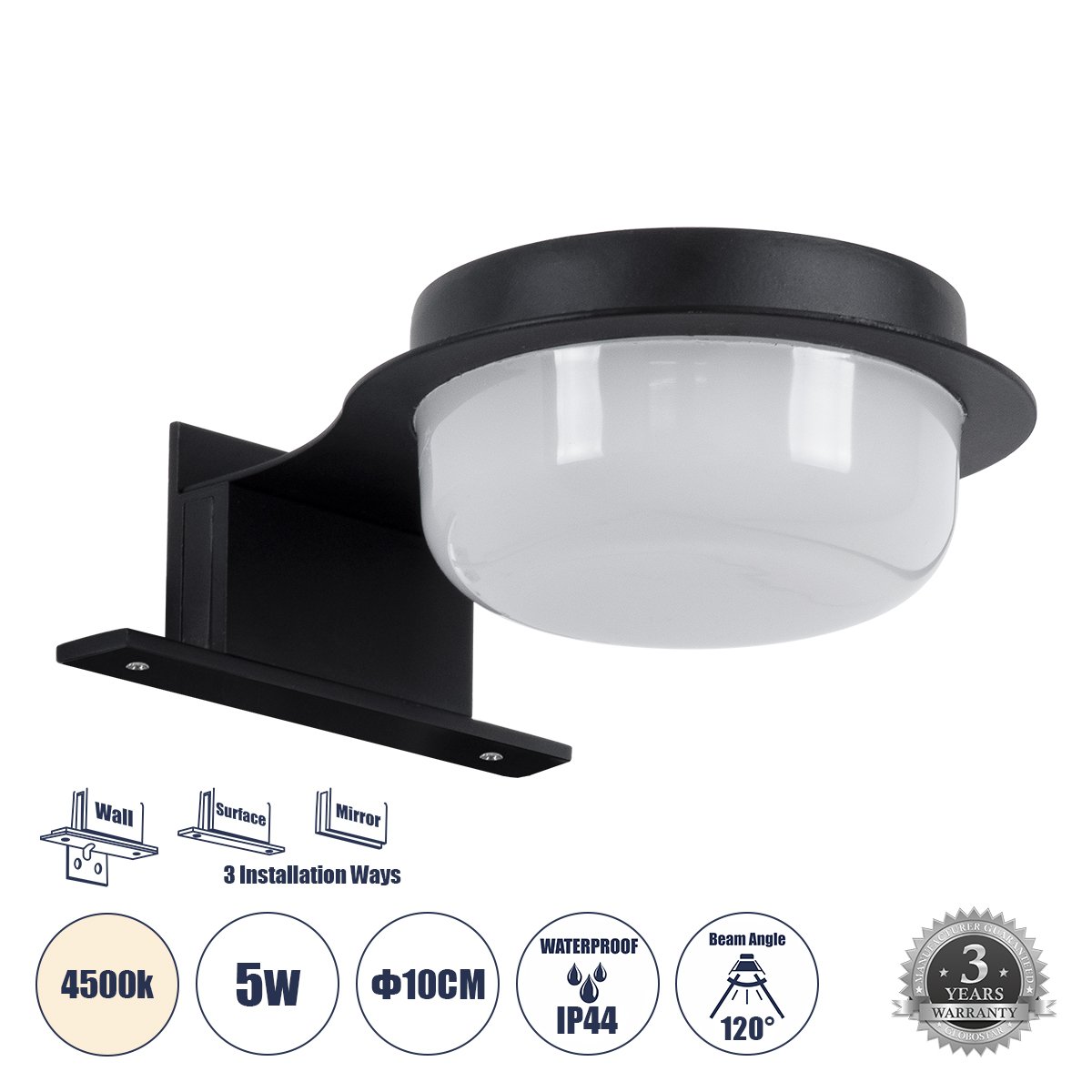 60400_00 GLOBOSTAR® KIARA 60400 Μοντέρνο Φωτιστικό Τοίχου - Απλίκα Καθρέπτη Μπάνιου LED 5W 560lm 120° AC 220-240V IP44 Φυσικό Λευκό 4500K - Lumileds SMD Chip & TÜV SÜD Driver - Μαύρο Ματ & Λευκό - Μ10 x Π13 x Υ3cm - 3 Χρόνια Εγγύηση - Image 1