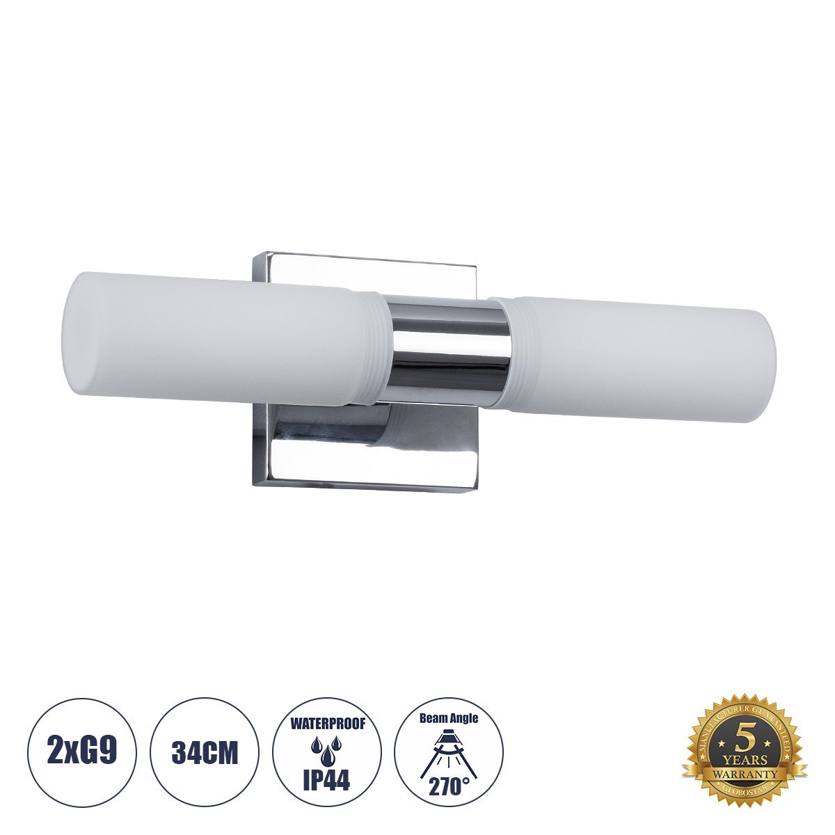 60410_0 GLOBOSTAR® ANAIS 60410 Μοντέρνο Φωτιστικό Τοίχου - Απλίκα Καθρέπτη Μπάνιου με Ντουί 2 x G9 AC 220-240V IP44 - Ασημί & Λευκό - Μ34 x Π12 x Υ11cm - Image 1