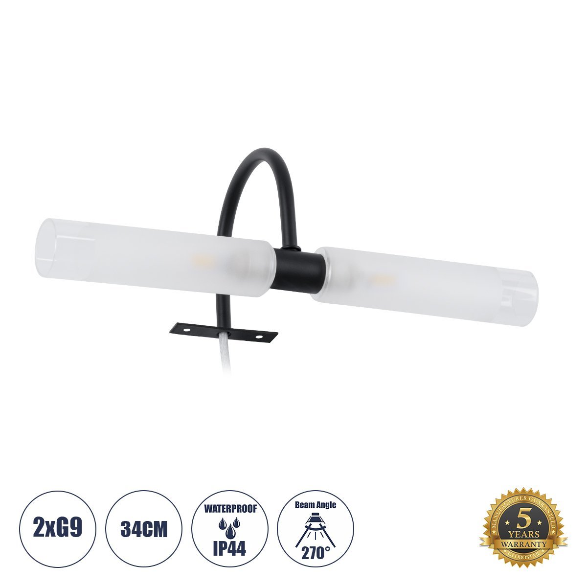 60412_0 GLOBOSTAR® FLORA 60412 Μοντέρνο Φωτιστικό Τοίχου - Απλίκα Καθρέπτη Μπάνιου με Ντουί 2 x G9 AC 220-240V IP44 - Μαύρο Ματ & Λευκό - Μ31 x Π13 x Υ12cm - Image 1