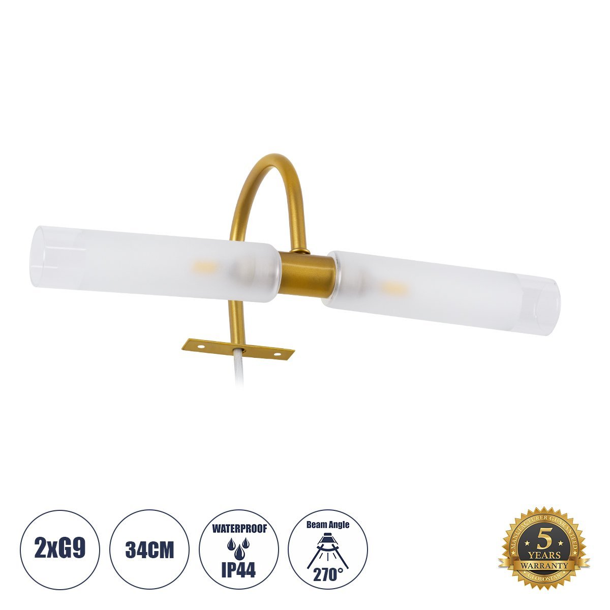 60413_0 GLOBOSTAR® FLORA 60413 Μοντέρνο Φωτιστικό Τοίχου - Απλίκα Καθρέπτη Μπάνιου με Ντουί 2 x G9 AC 220-240V IP44 - Χρυσό & Λευκό - Μ31 x Π13 x Υ12cm - Image 1
