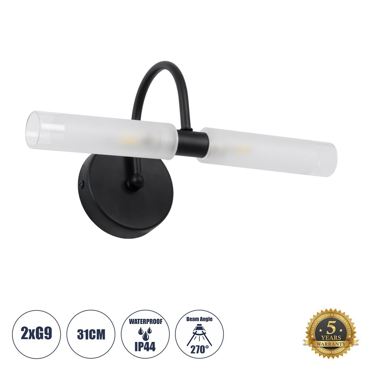 60416_00 GLOBOSTAR® PAOLA 60416 Μοντέρνο Φωτιστικό Τοίχου - Απλίκα Καθρέπτη Μπάνιου με Ντουί 2 x G9 AC 220-240V IP44 - Μαύρο Ματ & Λευκό - Μ31 x Π16 x Υ15cm - Image 1