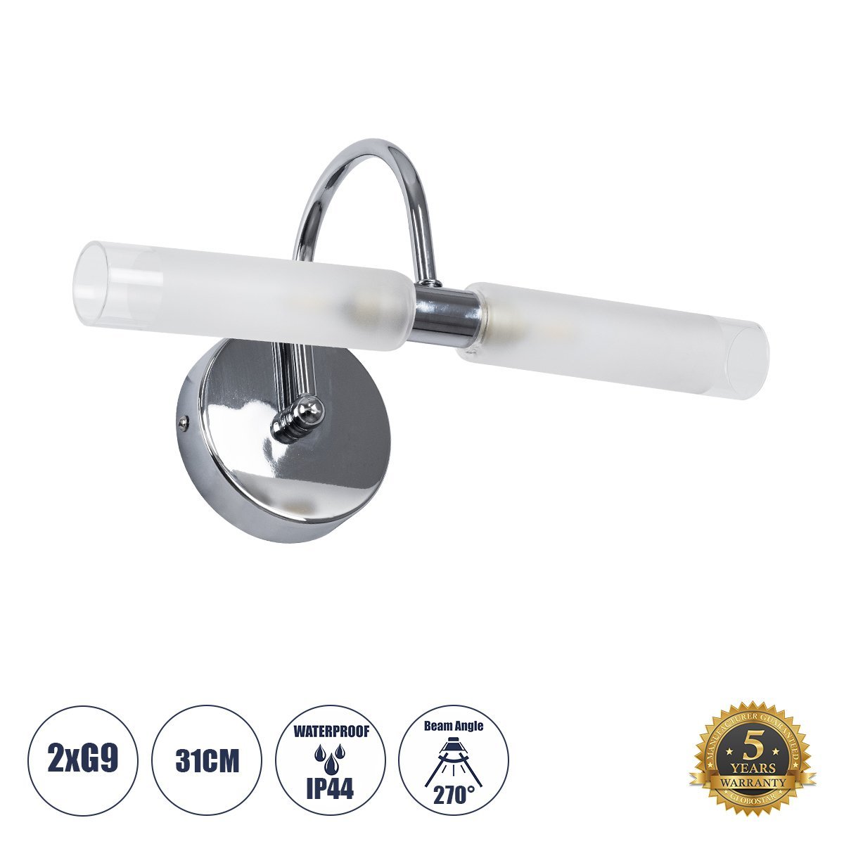 60418_00 GLOBOSTAR® PAOLA 60418 Μοντέρνο Φωτιστικό Τοίχου - Απλίκα Καθρέπτη Μπάνιου με Ντουί 2 x G9 AC 220-240V IP44 - Ασημί & Λευκό - Μ31 x Π16 x Υ15cm - Image 1