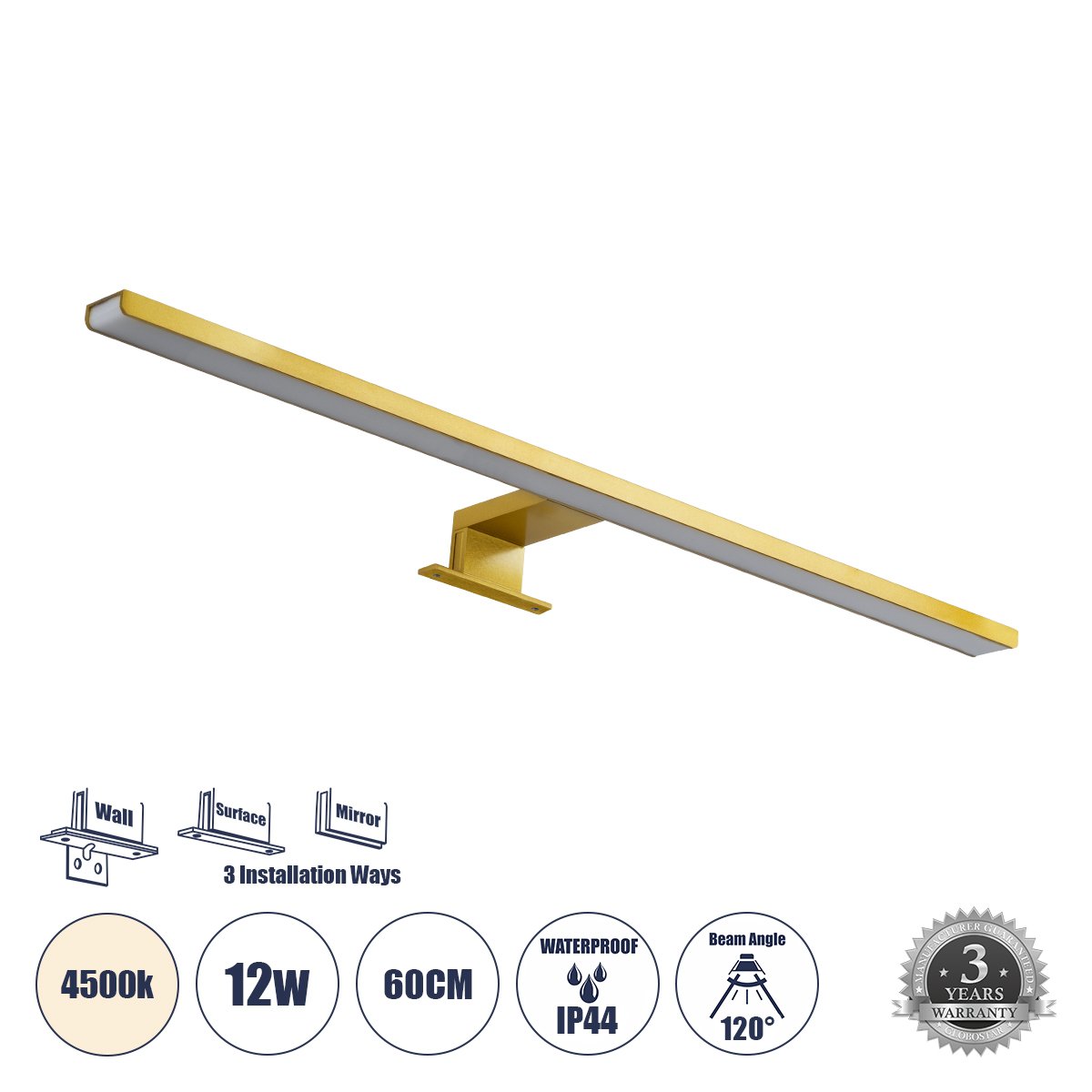 60421_00 GLOBOSTAR® NINA 60421 Μοντέρνο Φωτιστικό Τοίχου - Απλίκα Καθρέπτη Μπάνιου LED 12W 1400lm 120° AC 220-240V IP44 Φυσικό Λευκό 4500K - Lumileds SMD Chip & TÜV SÜD Driver - Χρυσό - Μ60 x Π10.5 x Υ4cm - 3 Χρόνια Εγγύηση - Image 1