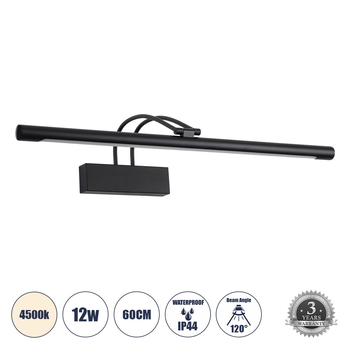 60424_0 GLOBOSTAR® LAURA 60424 Μοντέρνο Φωτιστικό Τοίχου - Απλίκα Καθρέπτη Μπάνιου LED 12W 1400lm 120° AC 220-240V IP44 Φυσικό Λευκό 4500K - Lumileds SMD Chip & TÜV SÜD Driver - Μαύρο Ματ - Μ60 x Π27 x Υ13cm - 3 Χρόνια Εγγύηση - Image 1