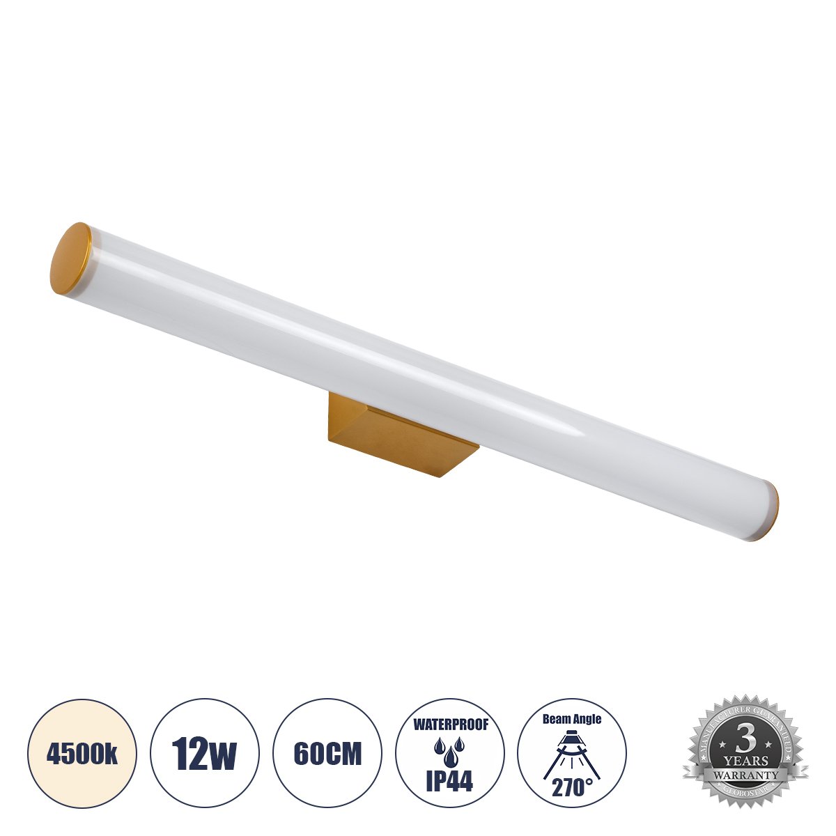 60431_00 GLOBOSTAR® MABEL 60431 Μοντέρνο Φωτιστικό Τοίχου - Απλίκα Καθρέπτη Μπάνιου LED 12W 1400lm 270° AC 220-240V IP44 Φυσικό Λευκό 4500K - Lumileds SMD Chip & TÜV SÜD Driver - Χάλκινο & Λευκό - Μ60 x Π10 x Υ5cm - 3 Χρόνια Εγγύηση - Image 1