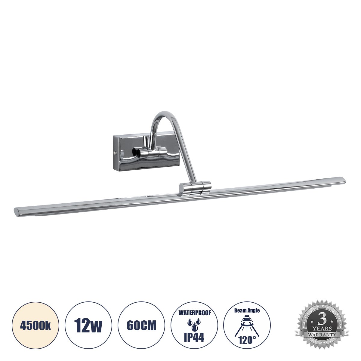 60434_0 GLOBOSTAR® MIRA 60434 Μοντέρνο Φωτιστικό Τοίχου - Απλίκα Καθρέπτη Μπάνιου LED 12W 1400lm 120° AC 220-240V IP44 Φυσικό Λευκό 4500K - Lumileds SMD Chip & TÜV SÜD Driver - Νίκελ Χρώμιο - Μ60 x Π20 x Υ13cm - 3 Χρόνια Εγγύηση - Image 1