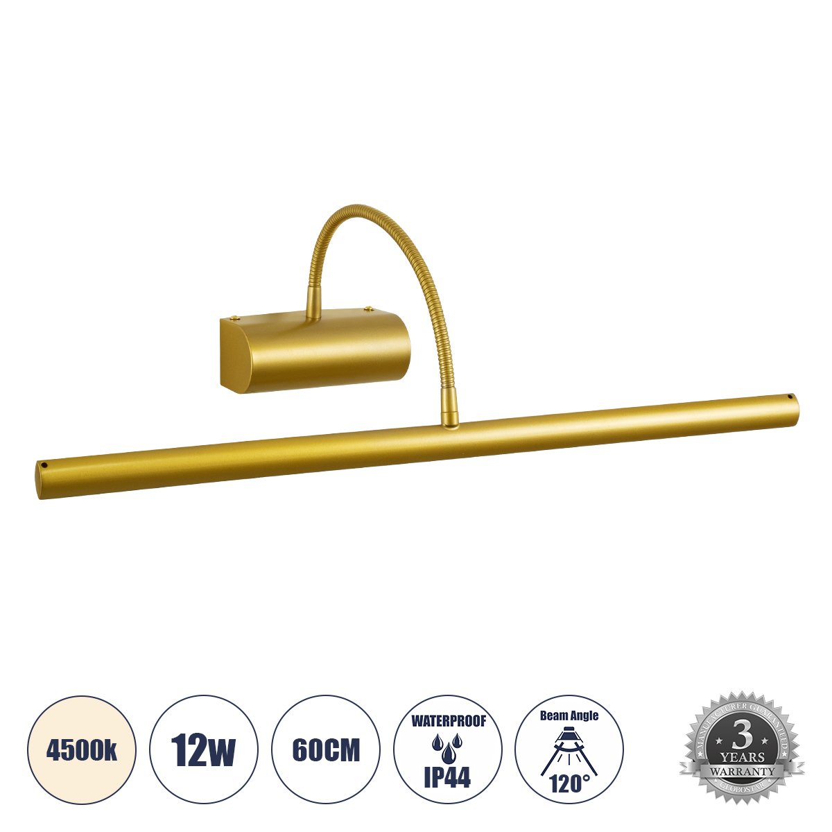 60437_0 GLOBOSTAR® TROIS 60437 Μοντέρνο Φωτιστικό Τοίχου - Απλίκα Καθρέπτη Μπάνιου LED 12W 1400lm 120° AC 220-240V IP44 Φυσικό Λευκό 4500K - Lumileds SMD Chip & TÜV SÜD Driver - Χρυσό - Μ60 x Π24 x Υ18cm - 3 Χρόνια Εγγύηση - Image 1