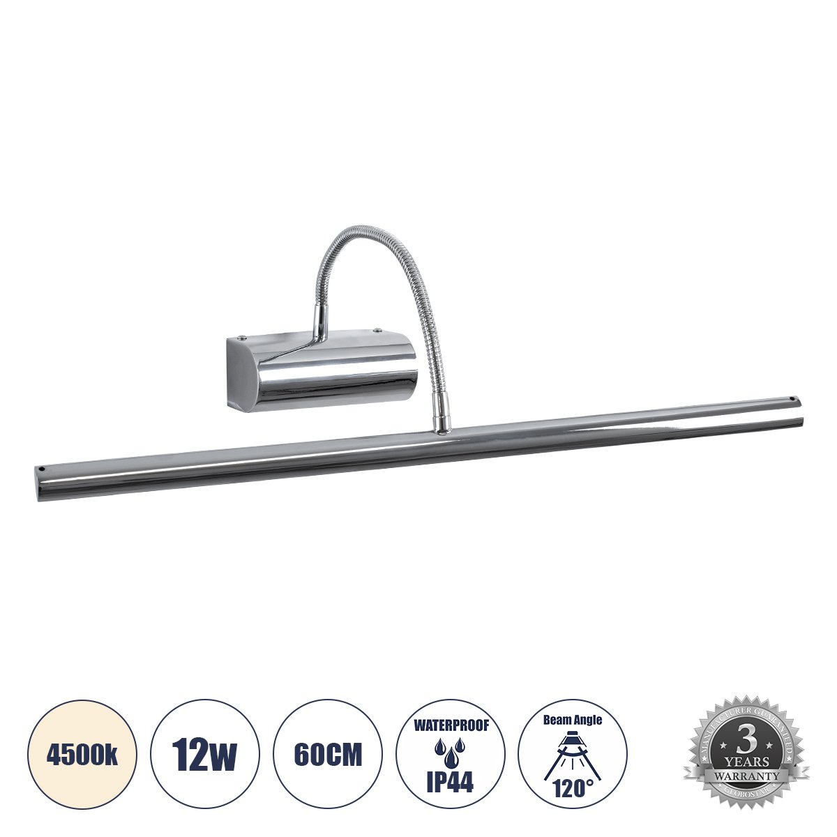 60438_0 GLOBOSTAR® TROIS 60438 Μοντέρνο Φωτιστικό Τοίχου - Απλίκα Καθρέπτη Μπάνιου LED 12W 1400lm 120° AC 220-240V IP44 Φυσικό Λευκό 4500K - Lumileds SMD Chip & TÜV SÜD Driver - Νίκελ Χρώμιο - Μ60 x Π24 x Υ18cm - 3 Χρόνια Εγγύηση - Image 1